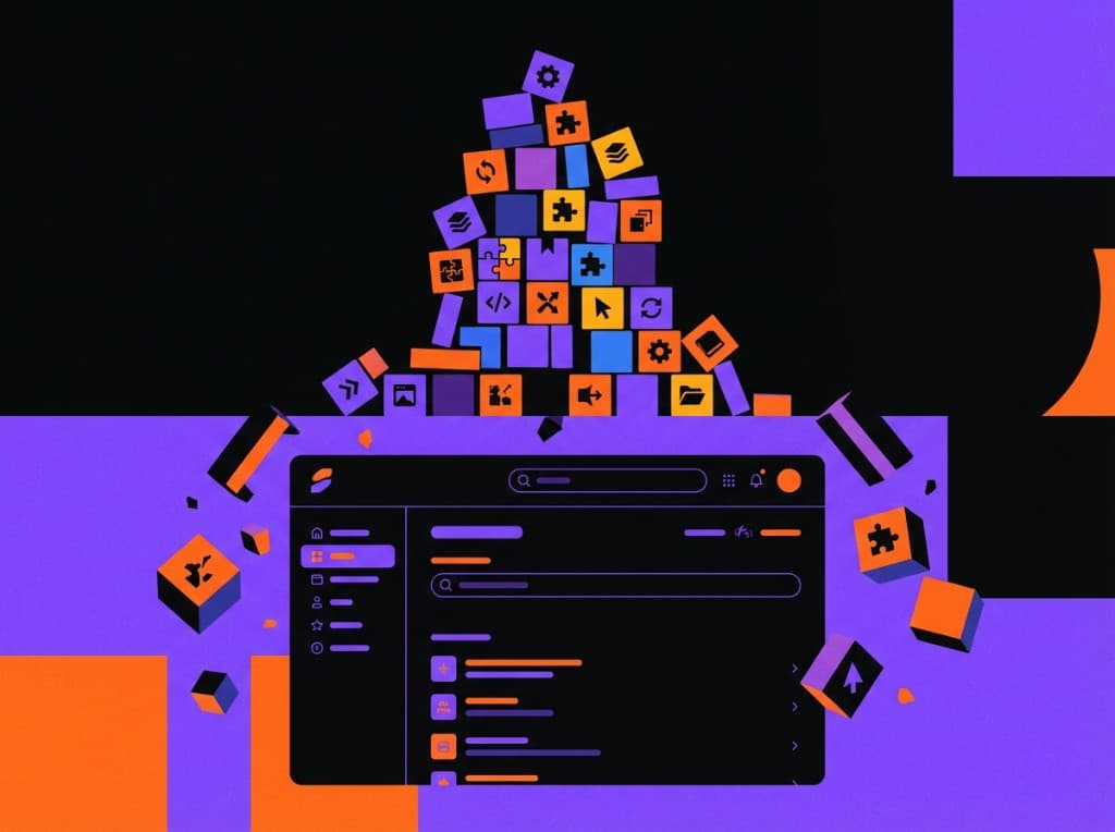 Illustration for &Pixels’ Ship Happens post: colorful WordPress-style plugin blocks falling away from a streamlined dark UI, symbolizing migrating our agency site to Next.js, Supabase, and Vercel with zero plugins.