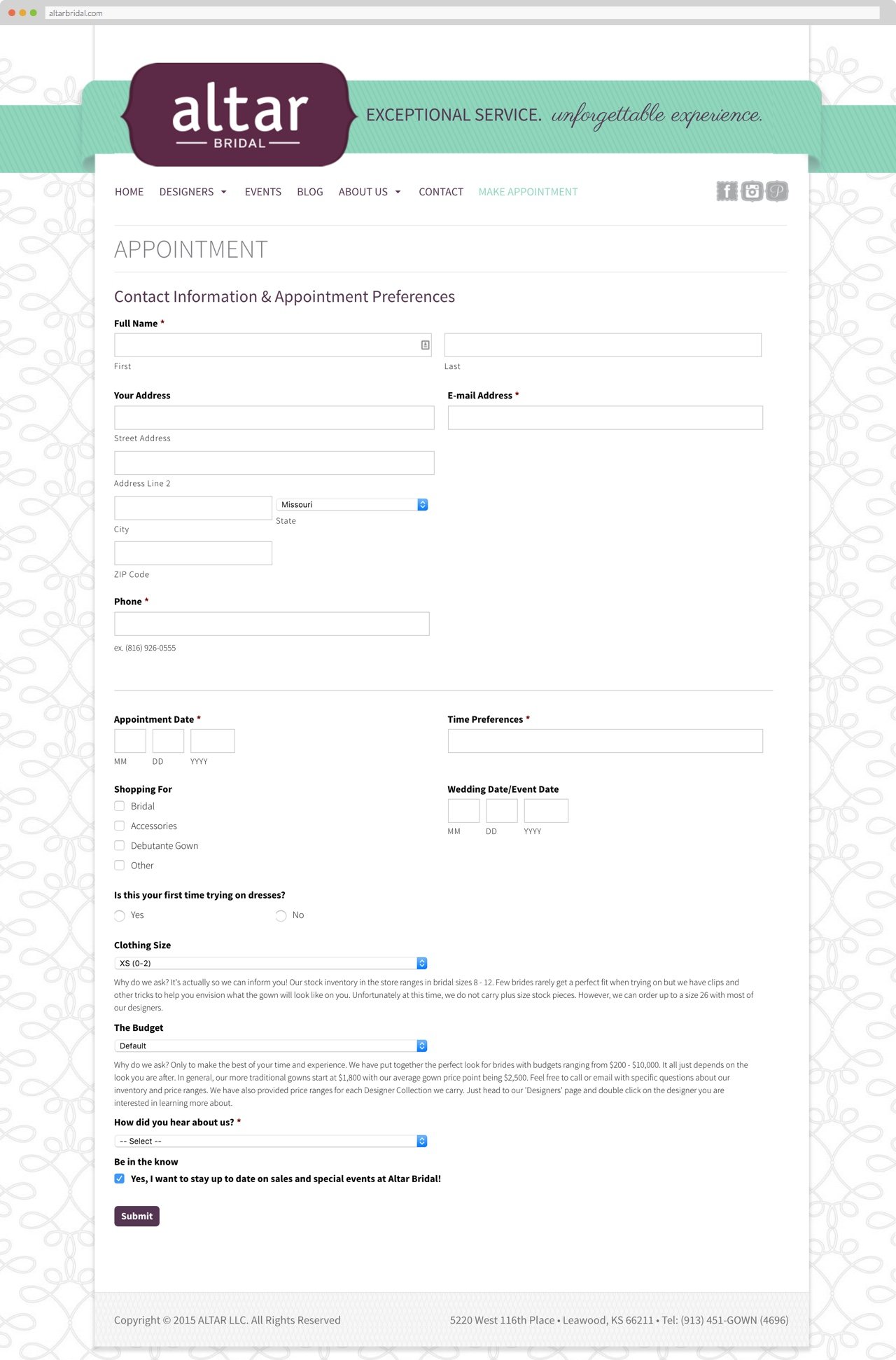 Altar Bridal, appointment form